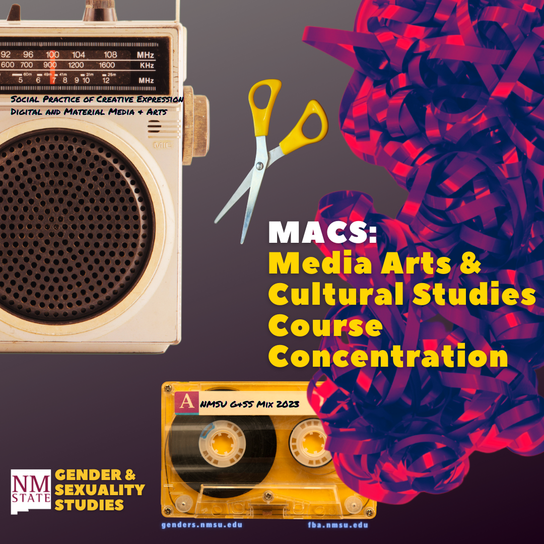 Everyday Media as Production Tools: Welcome to MACS at G&SS NMSU. Images of a cassette tape and old school boom box.