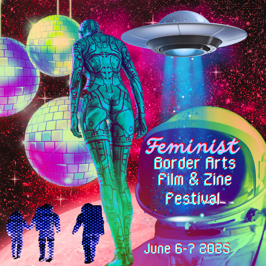 An organic robot woman with astronauts, a UFO with a beam, and info about the festival