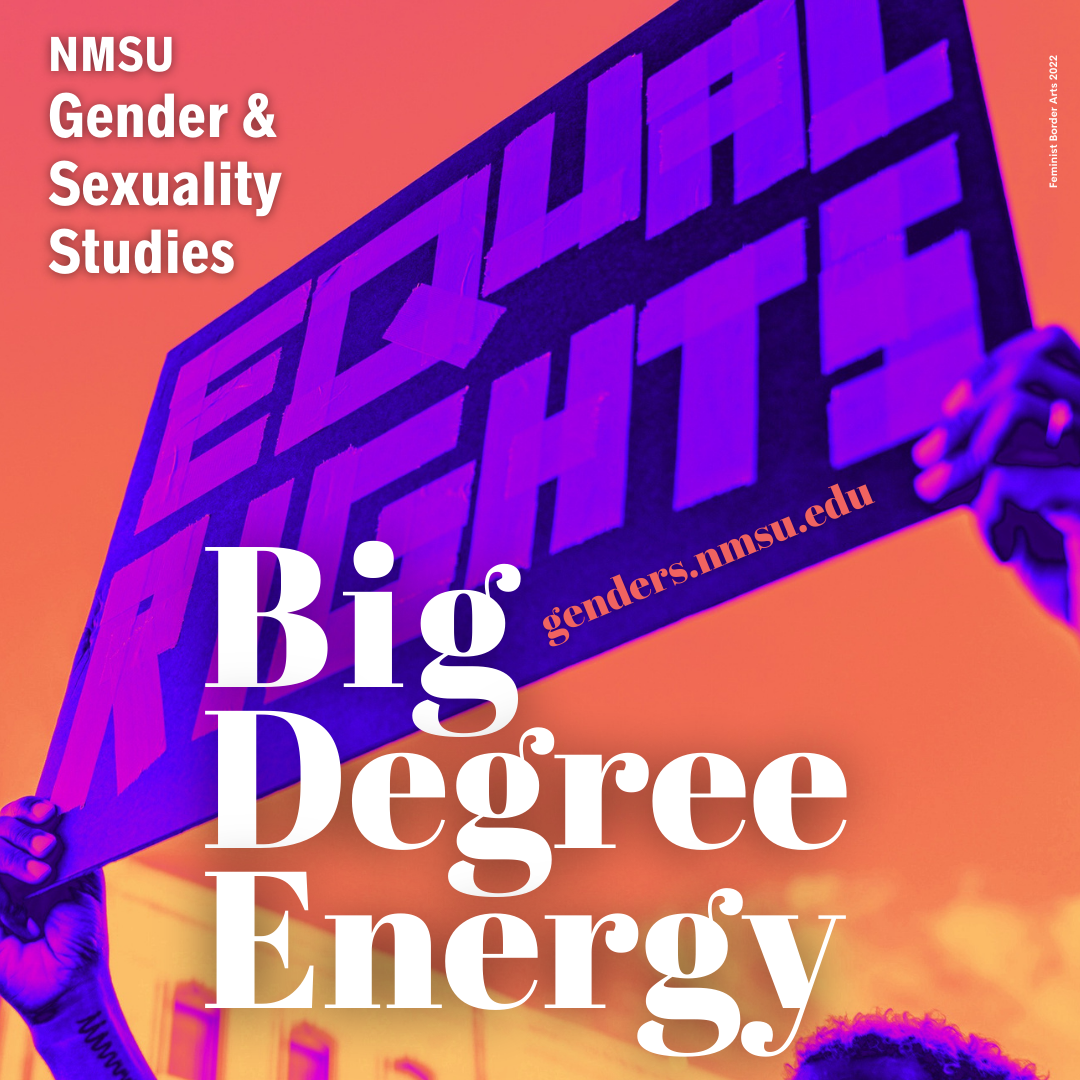Digital Collage of a person holding an equal rights sign and the words Gender & Sexuality Studies has big degree energy