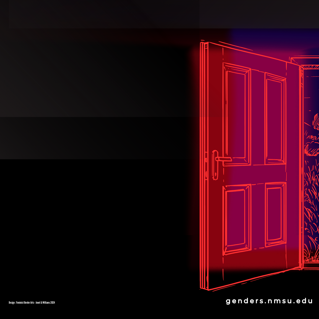 A door illuminated in red, on the edge of the image, open to unseen outside